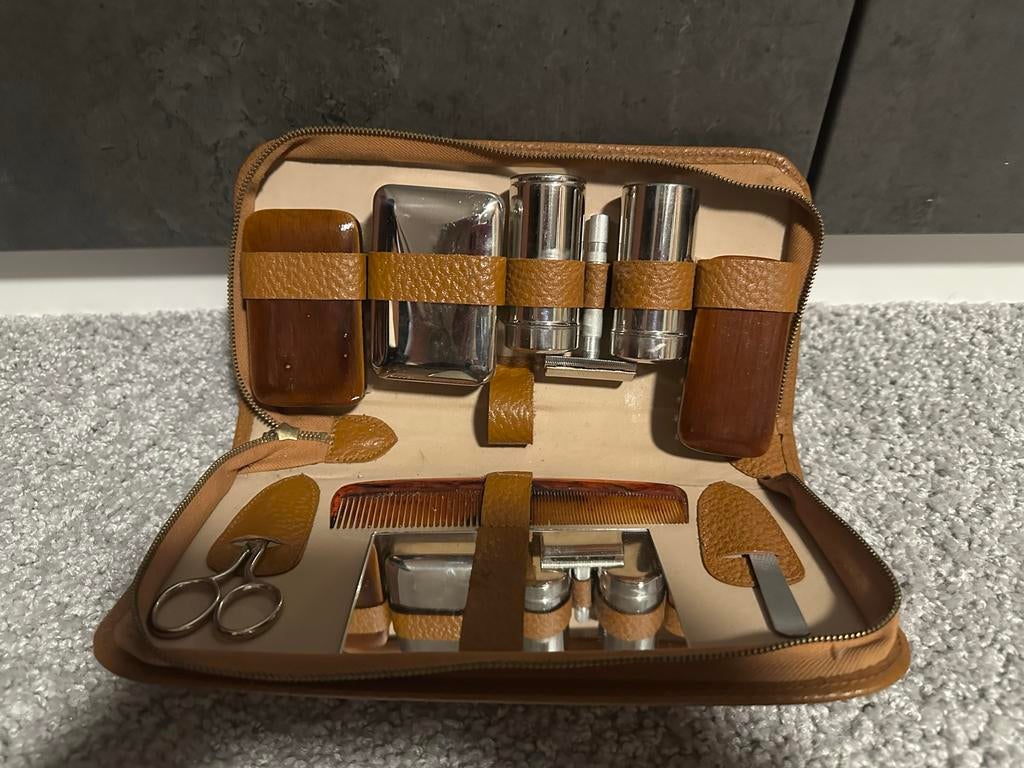 Vintage Heren Reis Toiletset - Leer, Ophalen of Verzenden
