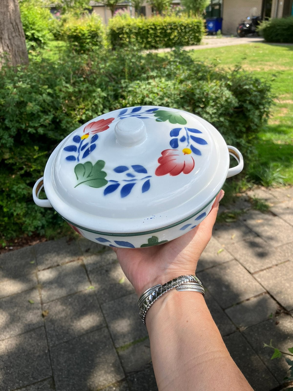 Emaille dekschaaltje boerenbont 🌱🌺, Ophalen of Verzenden