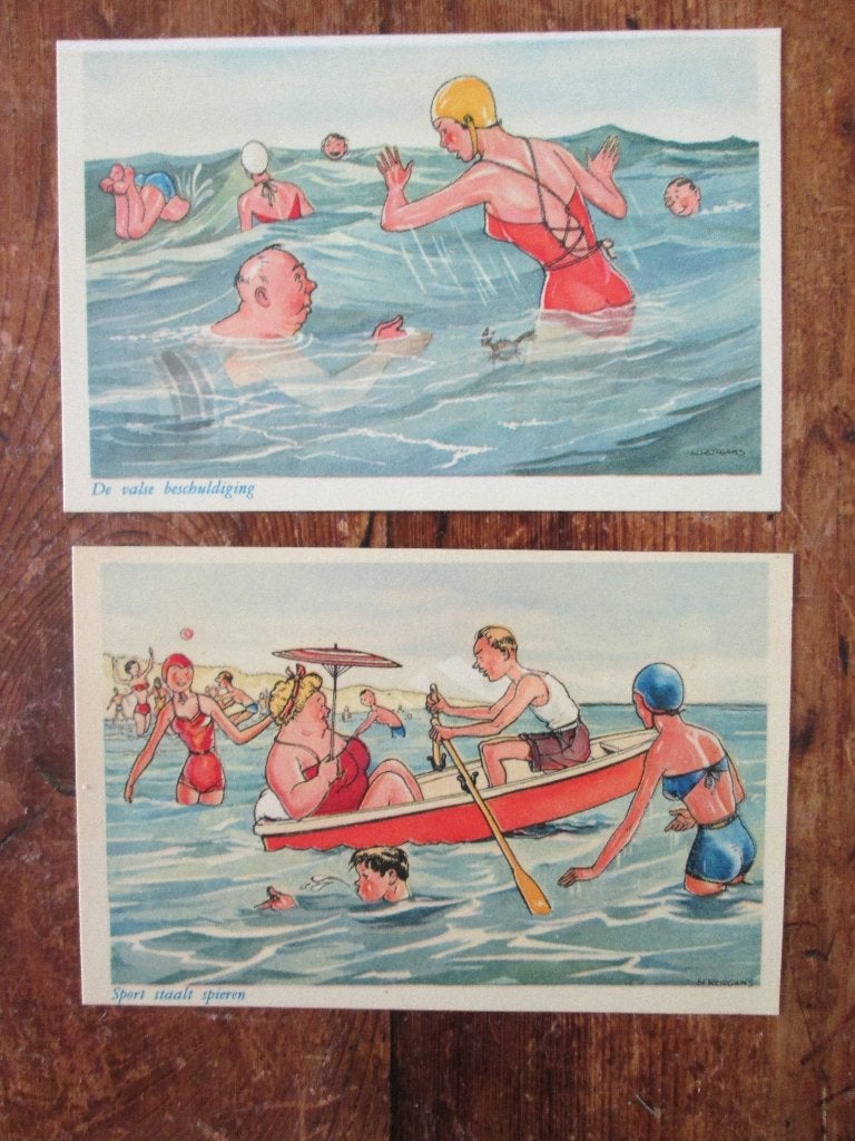 vintage strand humor krab zee dikke dame badpak roeiboot, Ophalen of Verzenden, 1940 tot 1960, Ongelopen, Overige thema's