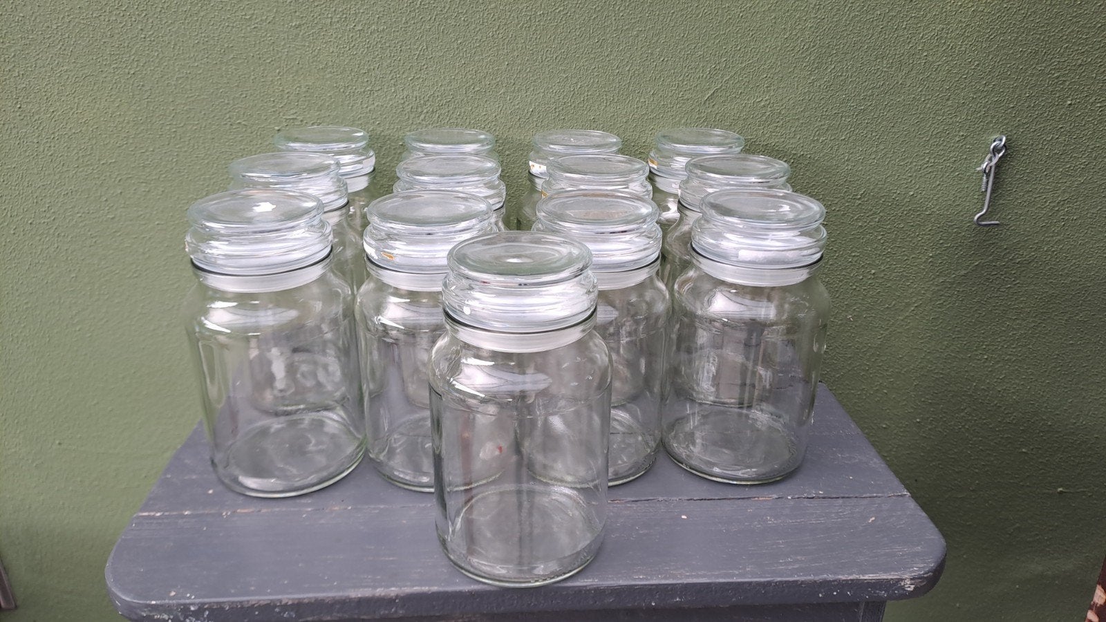 13 lege glazen Douwe Egberts voorraadpotten, Huis en Inrichting, Glas, Ophalen of Verzenden, Zo goed als nieuw, Voorraadpot