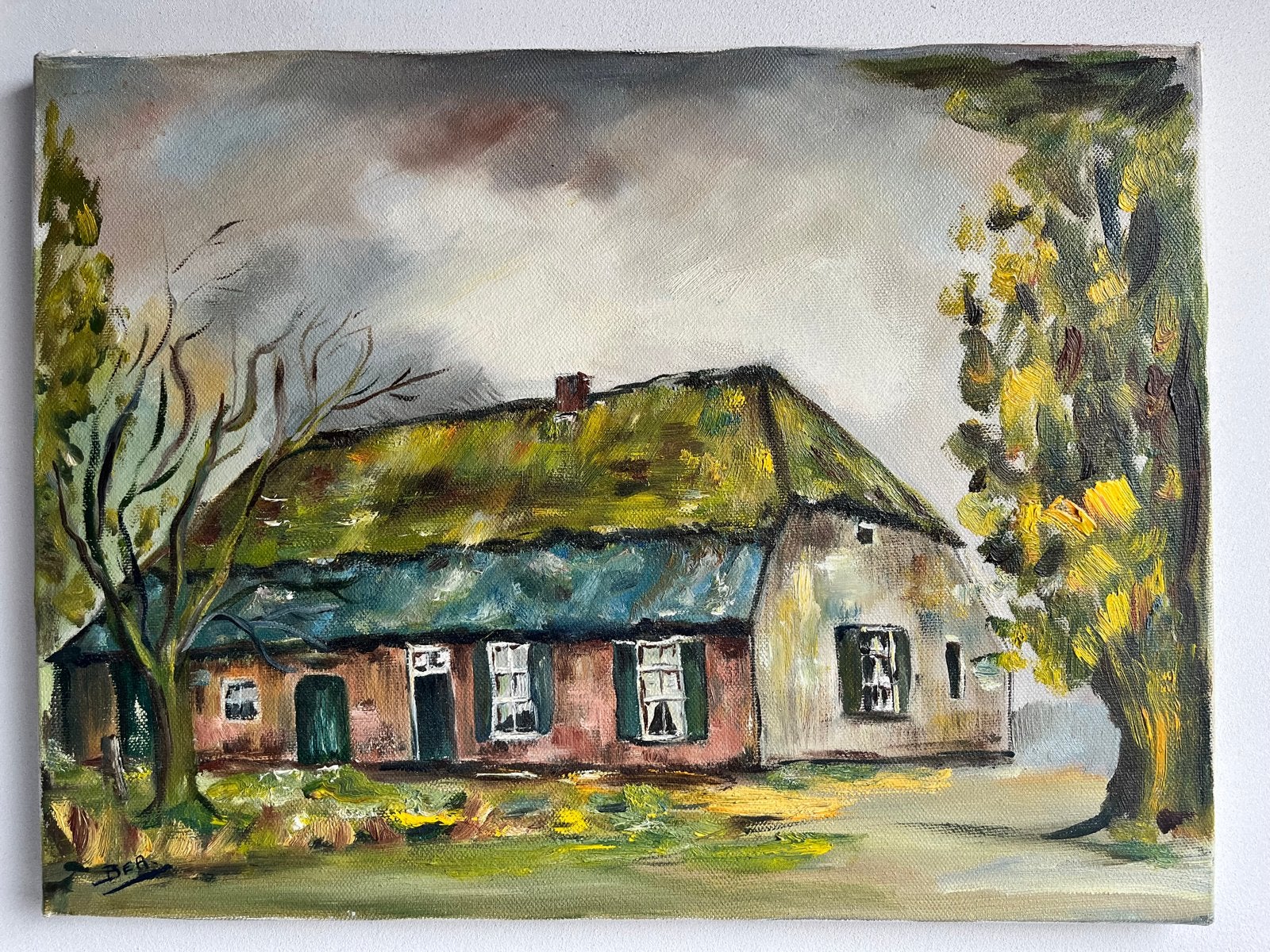 Schilderij: Boerderij met rieten dak, 40x30 cm, Antiek en Kunst, Doek, Realistisch, Ophalen of Verzenden, Handgeschilderd