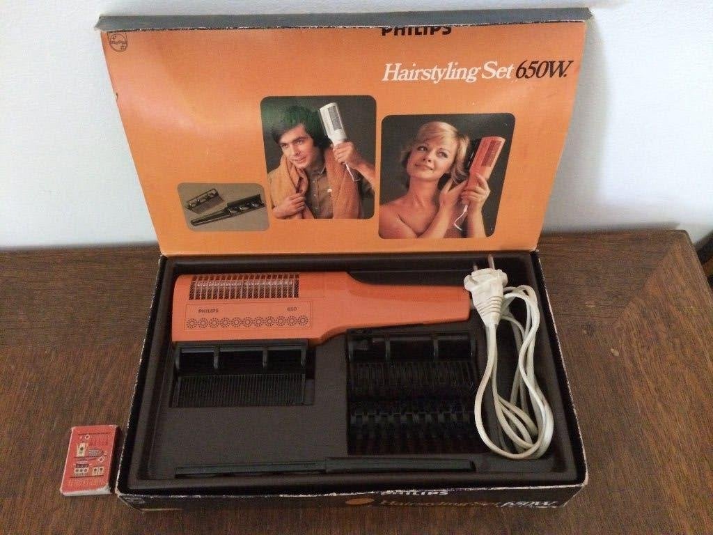Jaren 70 oranje föhn hairstyling set Philips HP4116 in doos, Ophalen of Verzenden, Zo goed als nieuw, Föhn of Haardroger