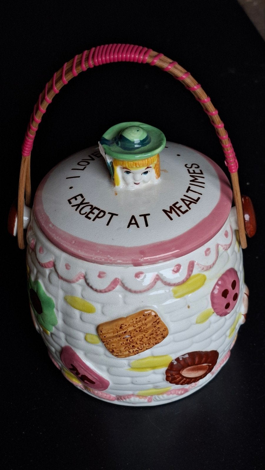 Vintage koekjespot met omkeerbaar deksel en bamboe hengsel, Ophalen of Verzenden