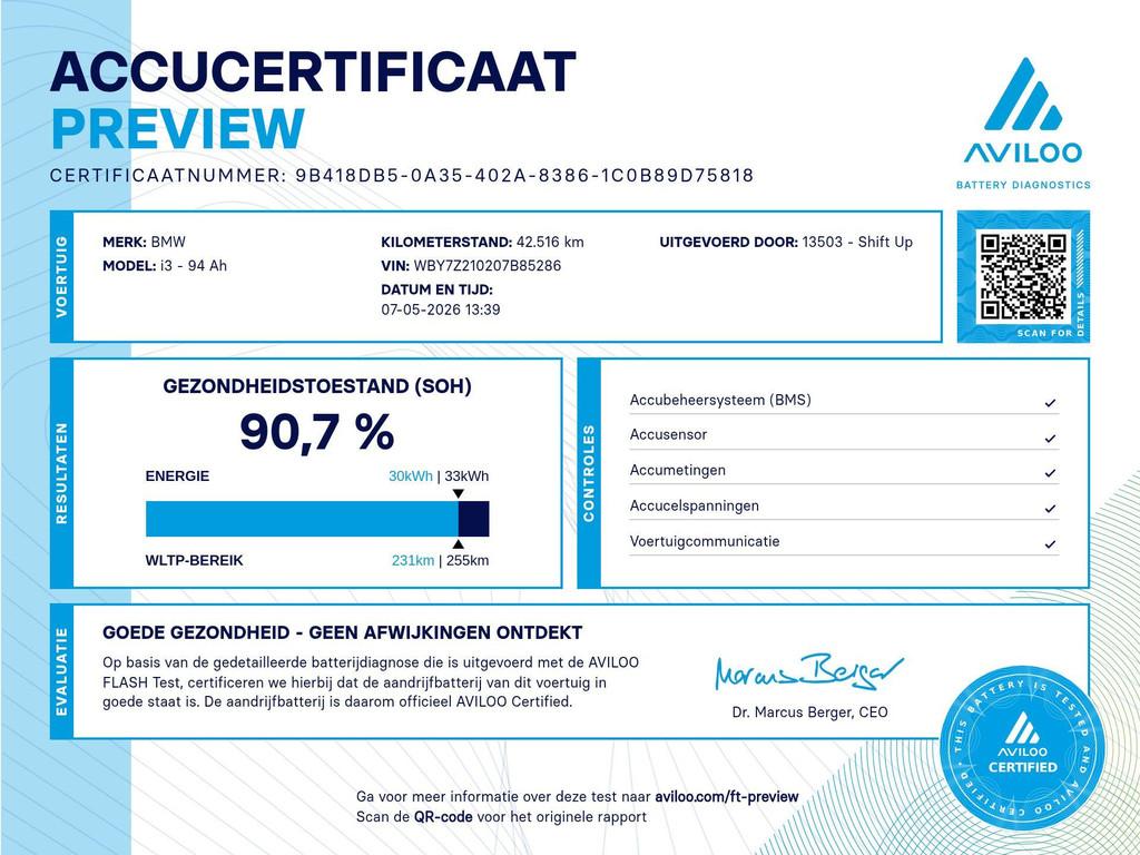 BMW i3 94Ah 33 kWh Schuifdak | Harman Kardon | Camera, Automaat, 300 km, 33 kWh, 4 stoelen