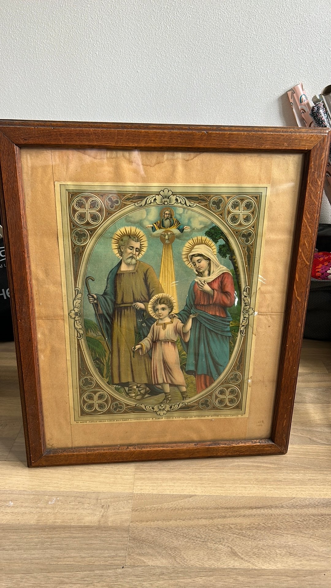 Antieke Heilige Familie Print in Houten Lijst, Ophalen