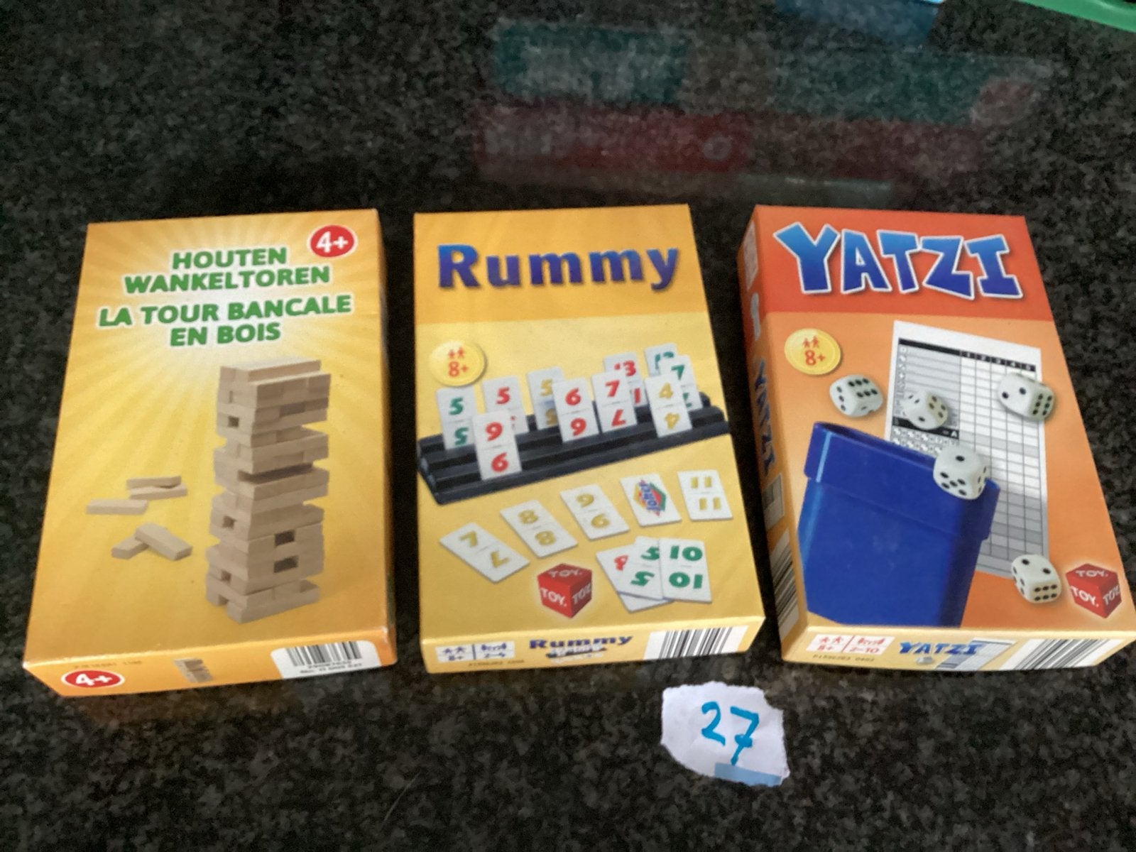 Bordspellen set: Houten Wankeltoren, Rummy en Yatzi, Een of twee spelers, Ophalen of Verzenden, Gebruikt