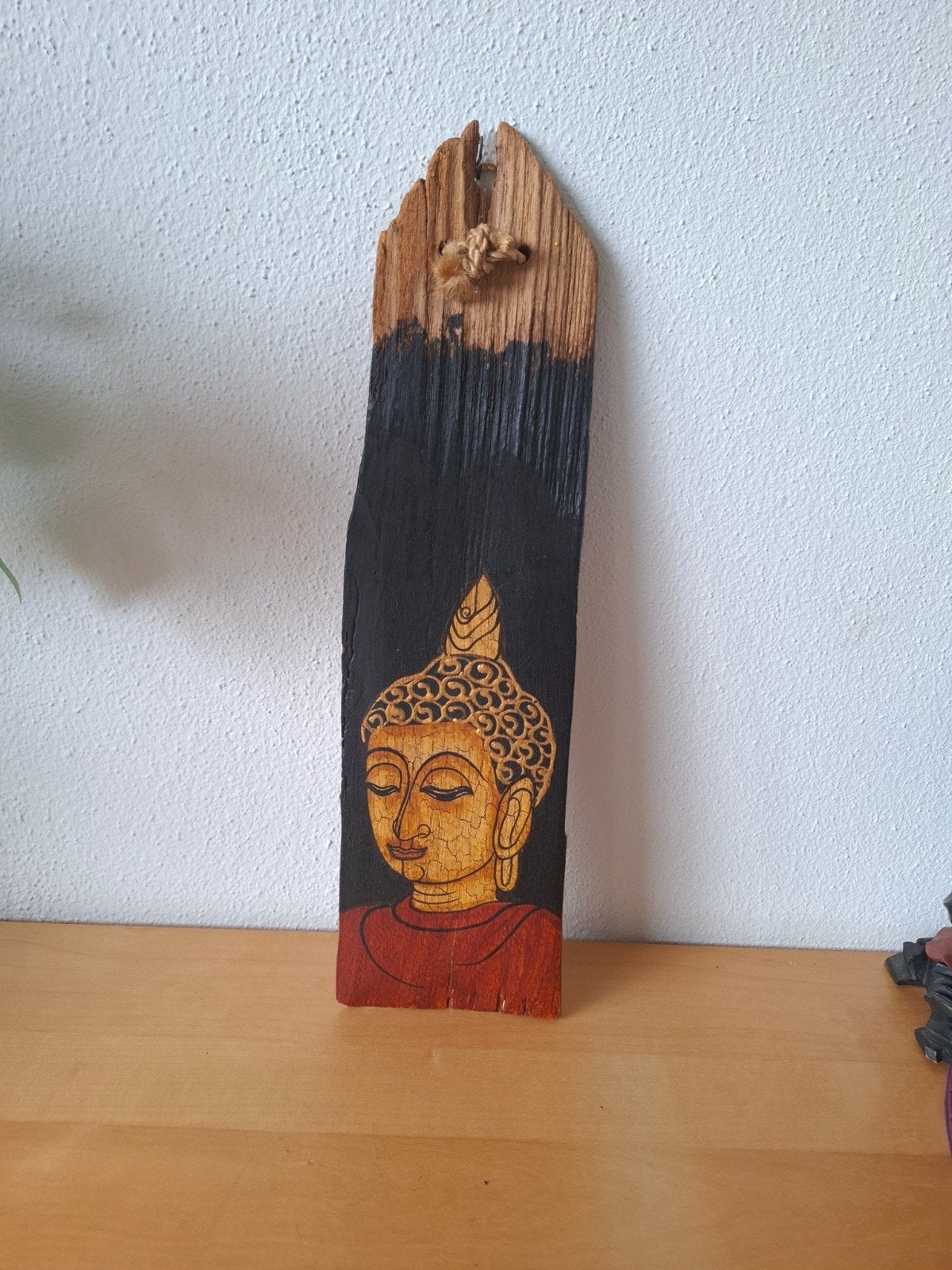 Handgeschilderd Houten Boeddha Paneel – 41 cm, Ophalen of Verzenden, Wanddecoratie, 20 - 50 cm, Hout
