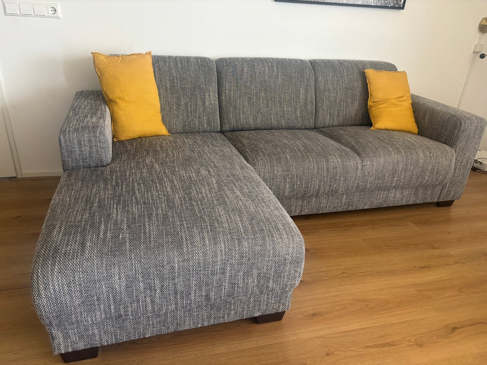 Moderne grijze hoekbank met chaise longue, Ophalen, 250 tot 300 cm, Gebruikt, 75 tot 100 cm