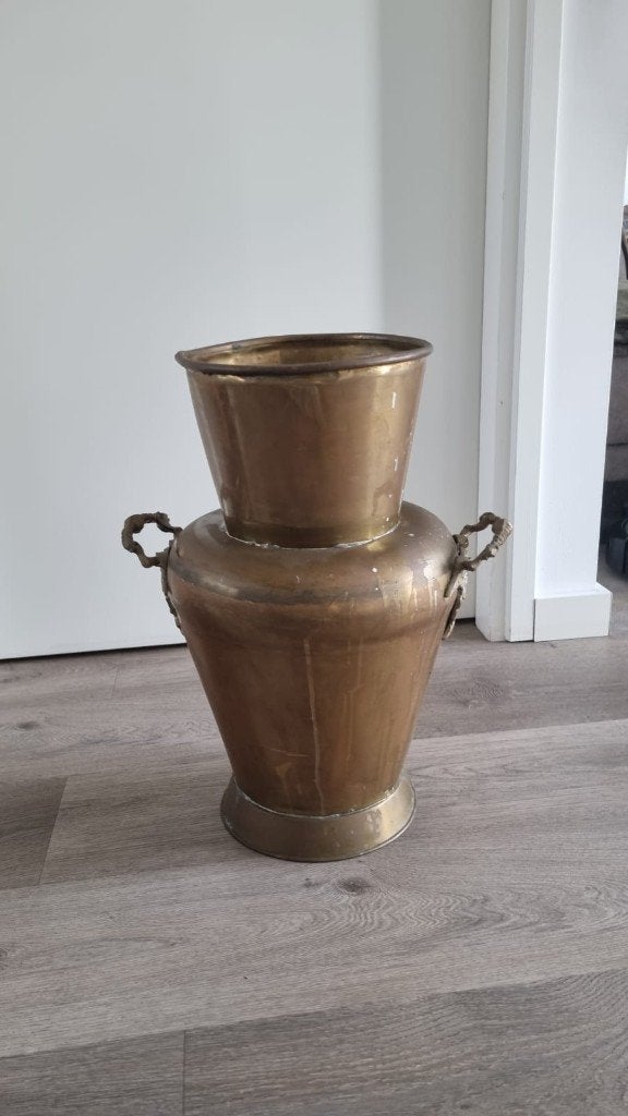 Antieke koperen vaas/paraplubak met decoratieve handvatten, Ophalen of Verzenden