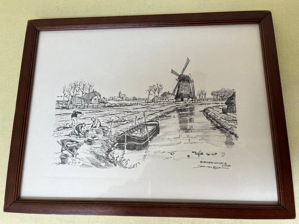 Pentekening “Bloembollenveld Lisse” – J. van Dijk (1952, Ophalen of Verzenden, Tekening, Pentekening, Gesigneerd