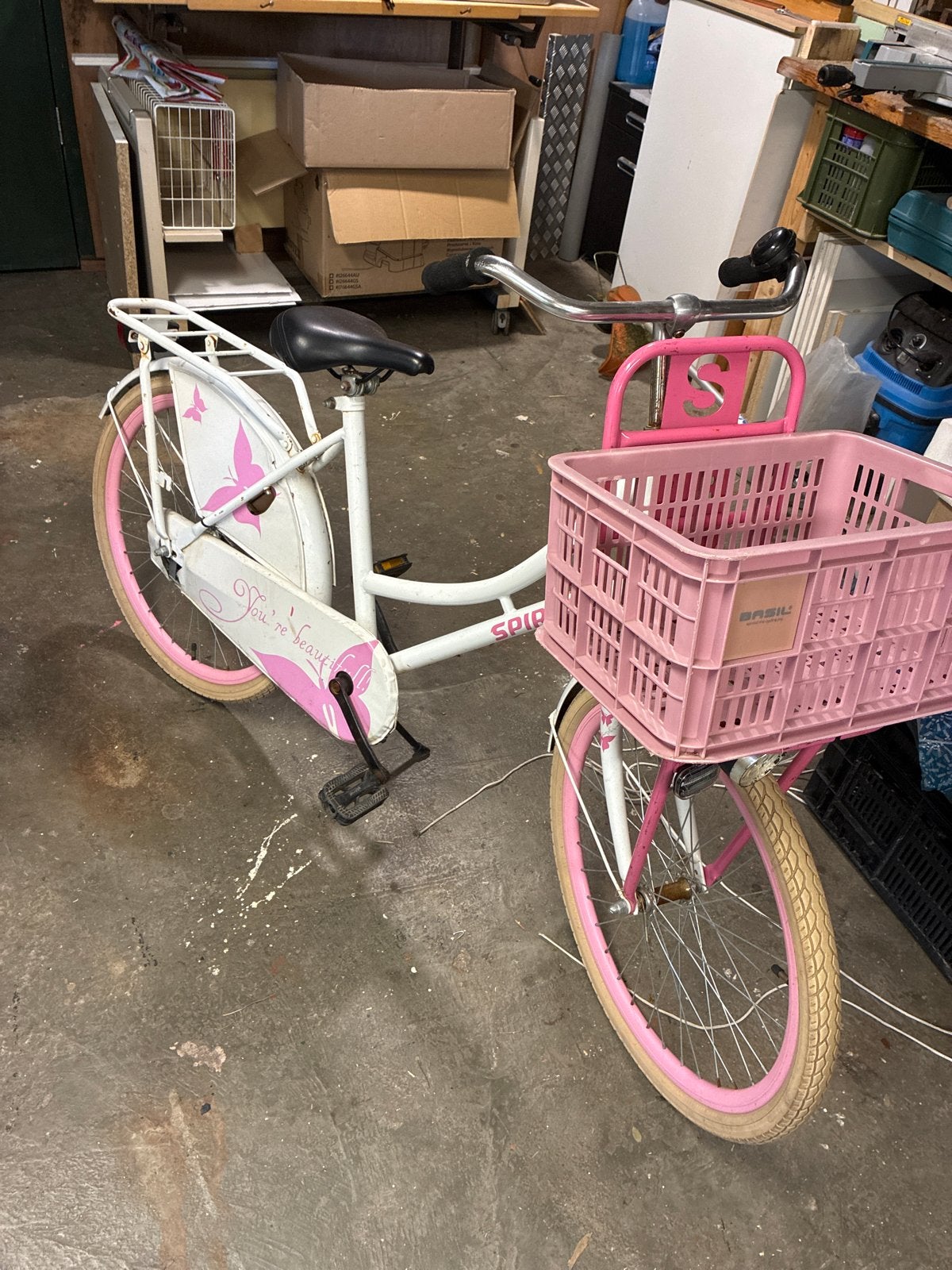 Meisjesfiets Spirit 26 inch met mand - Wit/Roze, Ophalen, Gebruikt, Terugtraprem