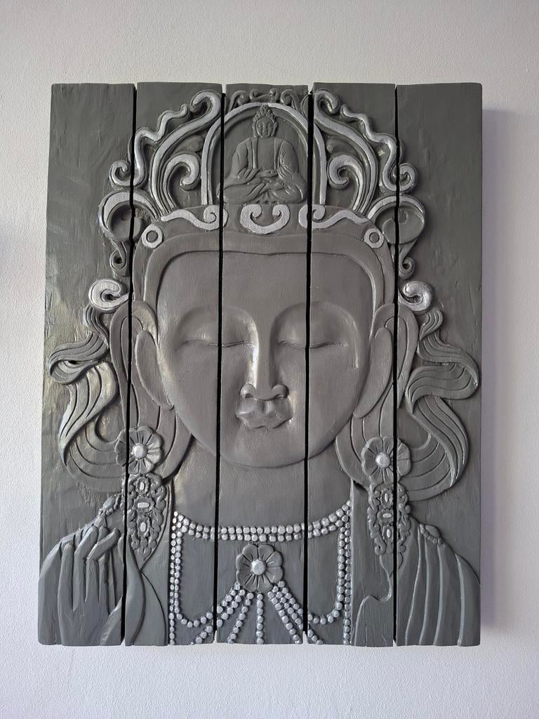 Houten Pallet Schilderij Boeddha Antraciet Zilver 74x57cm, Ophalen, Zo goed als nieuw