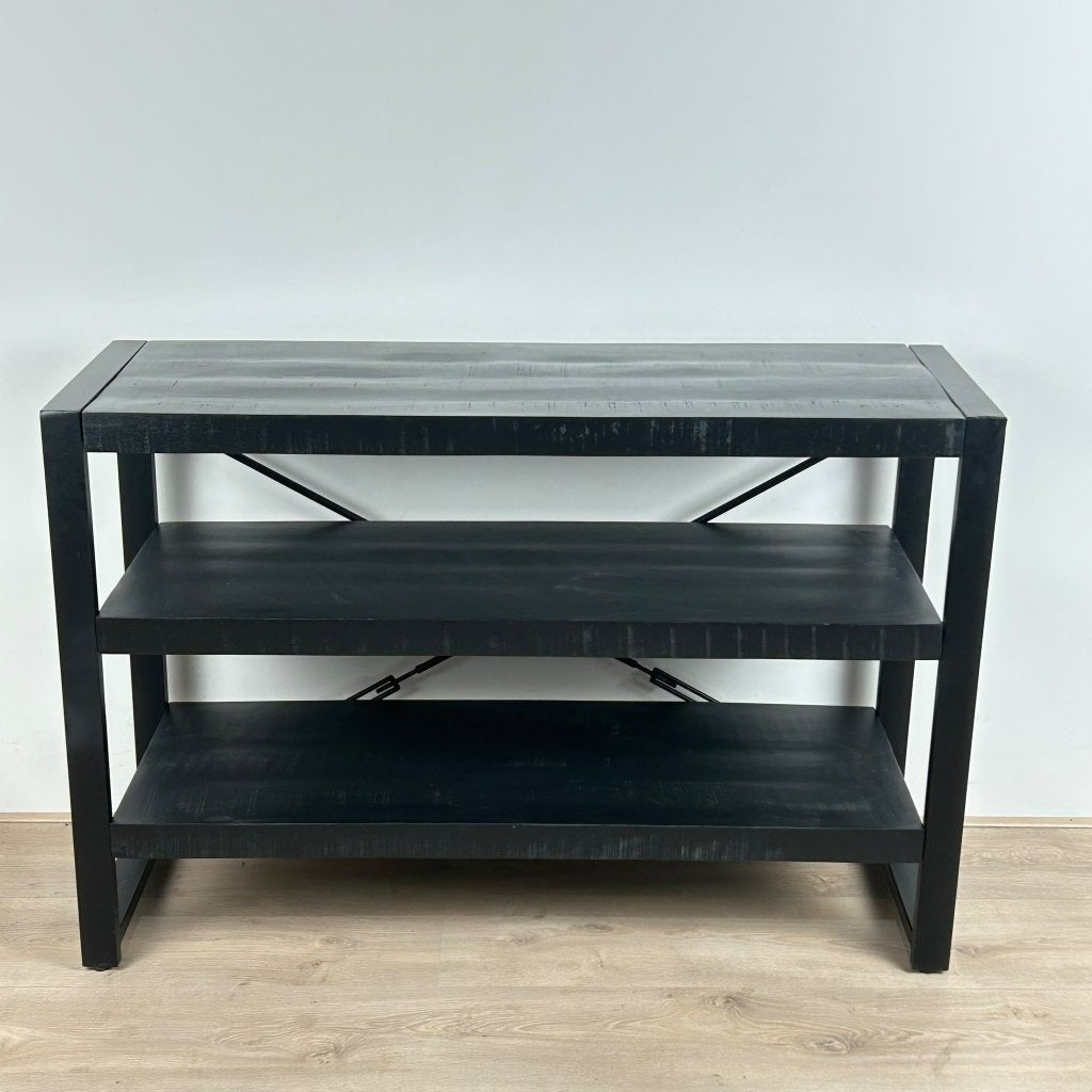 Zwarte sidetable mangohout 120 cm met 3 planken, Gebruikt, 100 tot 150 cm, Industrieel, Ophalen