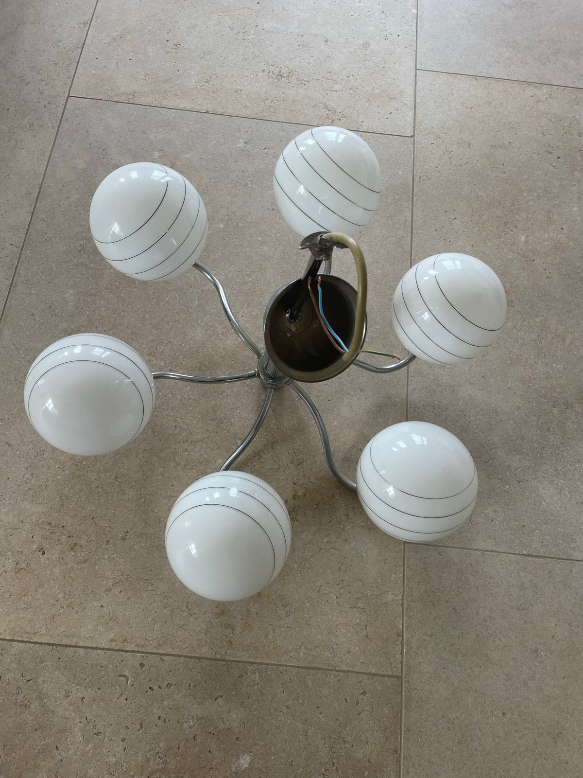 Vintage antieke hanglamp met 6 Glazen Bollen - Chroom/Wit, Ophalen