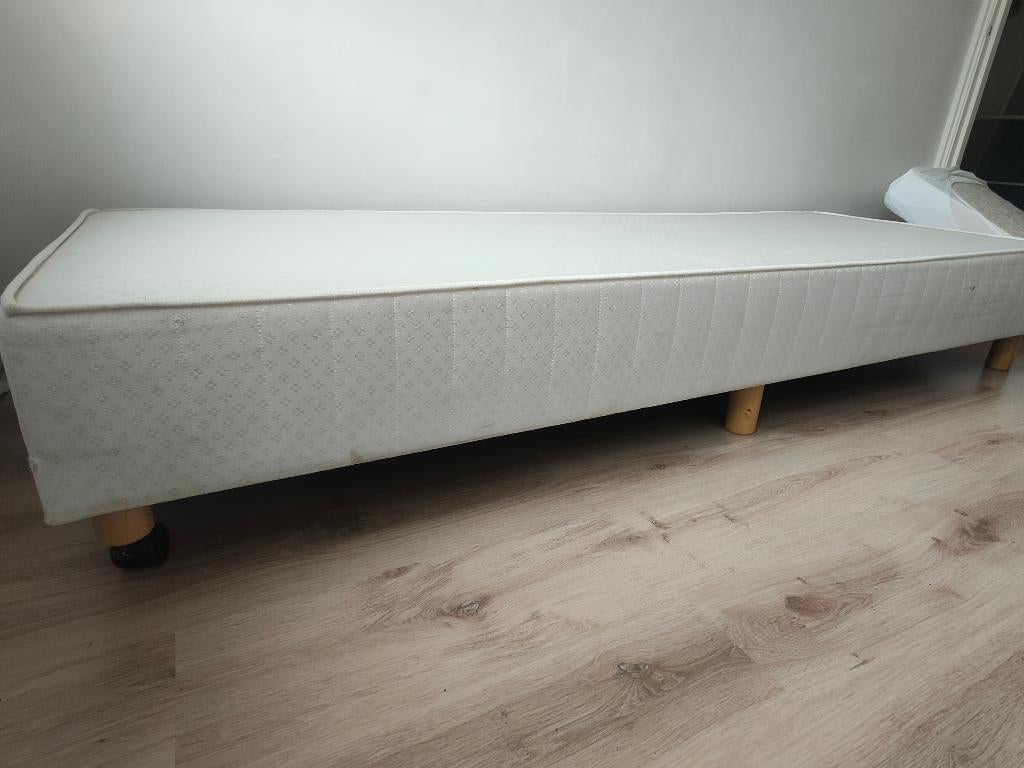Boxspring 1 persoon, 220 cm lang, Ophalen, Gebruikt, Eenpersoons, Beige