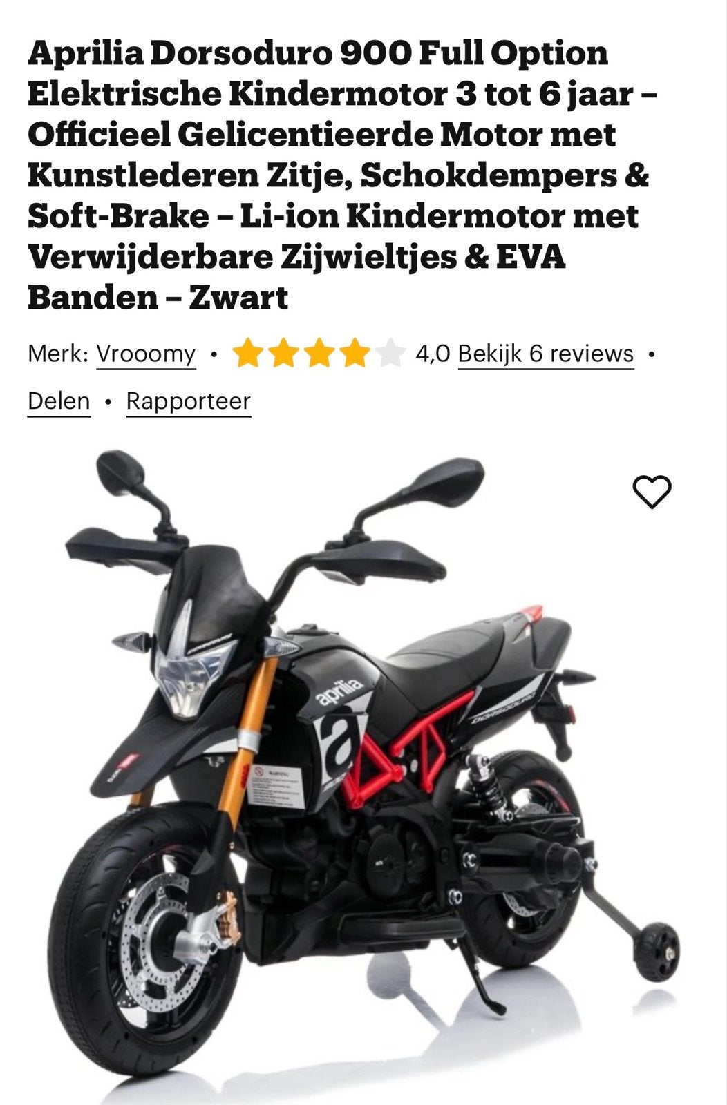 Aprilia Dorsoduro 900 Elektrische Kindermotor - Zwart, Ophalen of Verzenden, Gebruikt