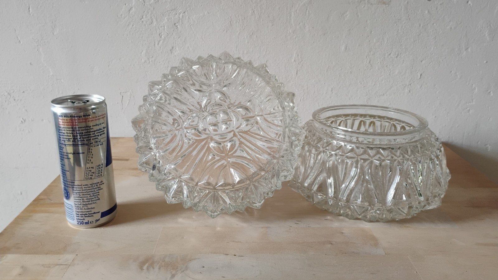 Set van 2 vintage glazen lampenkappen (jaren 70), Gebruikt, Overige typen, Wit, Rond