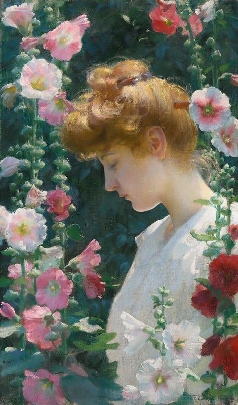 Poster Stokrozen en zonlicht - Charles Courtney Curran, Rechthoekig Staand, Deurposter of groter, Nieuw, Ophalen of Verzenden
