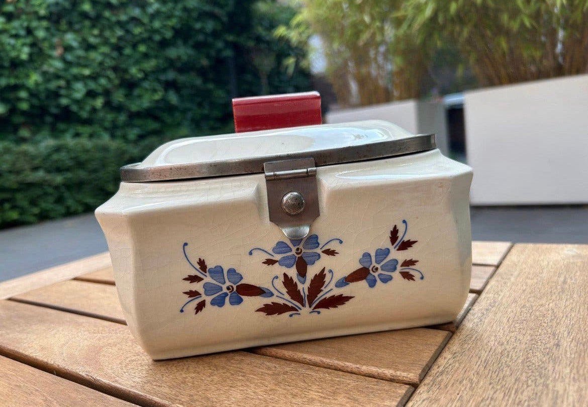 Art deco franse aardewerken koekjespot /bakelieten handvat, Ophalen of Verzenden