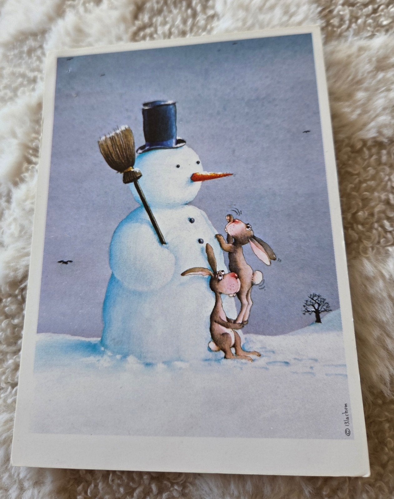 Vintage Kerstkaart Sneeuwpop Konijnen 1981, Verzenden, 1980 tot heden, Gelopen, Feest(dag)