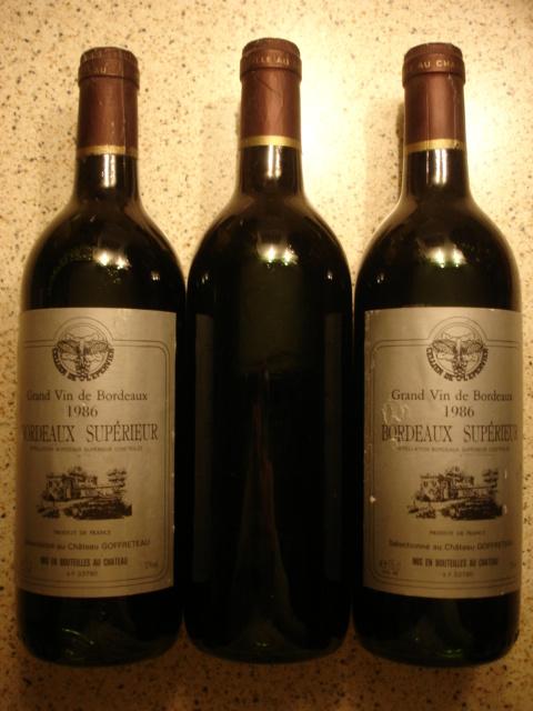 Franse wijn - Bordeaux Supérieur Ch. Goffreteau 1986 (3 st.), Frankrijk, Ophalen of Verzenden, Zo goed als nieuw, Rode wijn