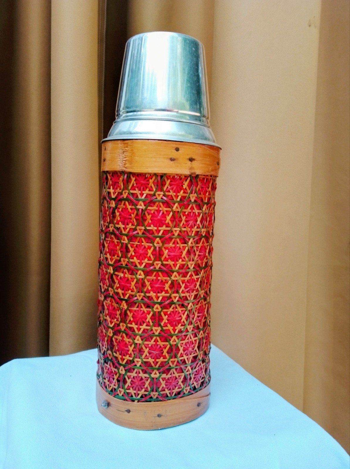 Vintage Min River Thermosfles met Bamboe Vlechtwerk, Ophalen of Verzenden