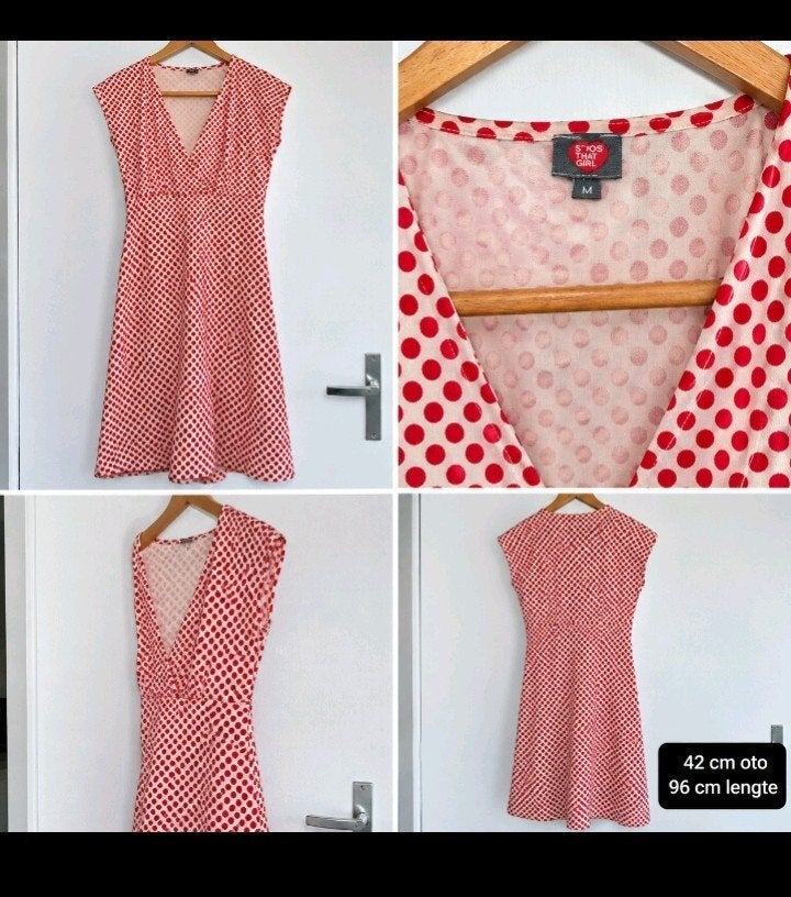 Leuke rode jurk met stippen - Maat M, Maat 38/40 (M), Ophalen of Verzenden, Zo goed als nieuw, Knielengte