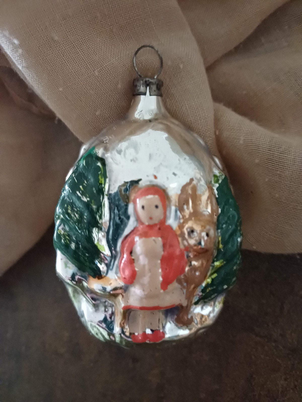 Vintage kerstbal van glas roodkapje en wolf, Diversen, Kerst, Ophalen of Verzenden
