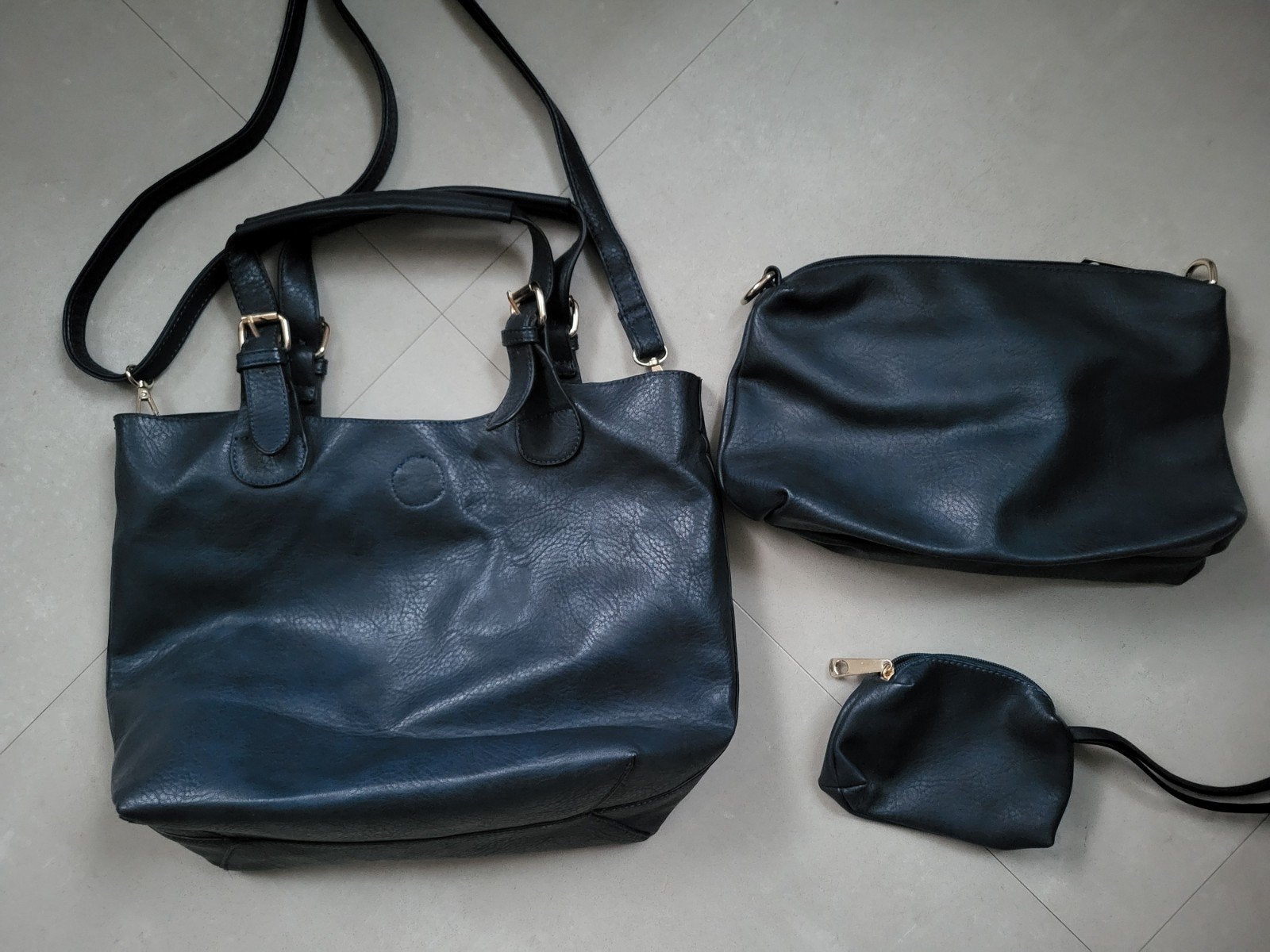 3 delig tassenset donkerblauw kunstleer, Sieraden, Tassen en Uiterlijk, Ophalen of Verzenden, Zo goed als nieuw, Blauw