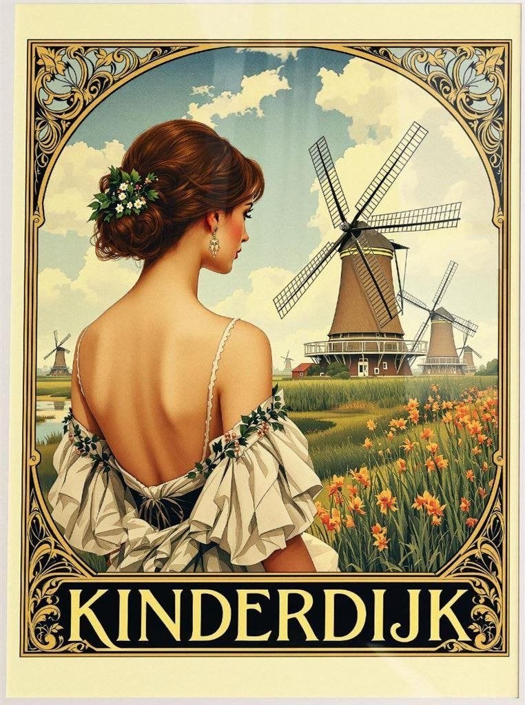 KINDERDIJK Windmolens | Vintage Poster affiche Art Nouveau, Verzenden