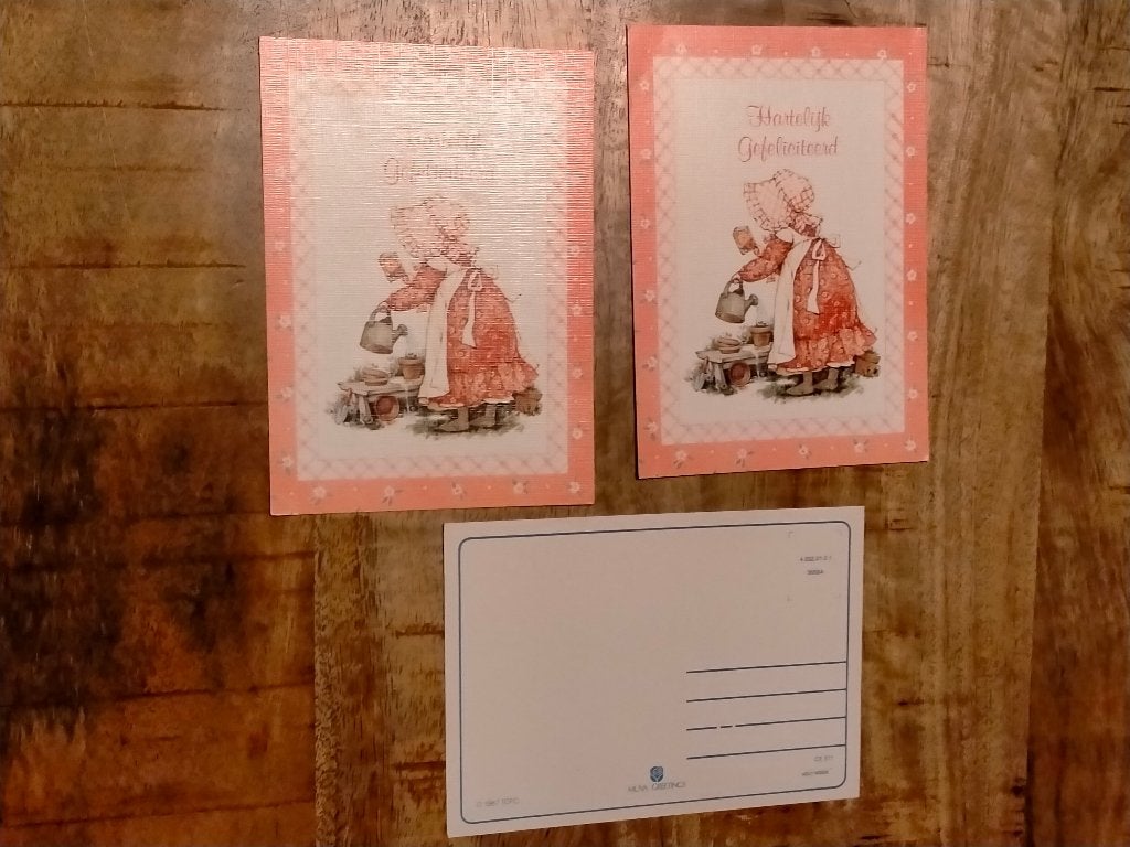 Holly Hobbie vintage 1987 ansichtkaart pop poppen MUVA, Ophalen of Verzenden, Overige figuren, Zo goed als nieuw, Overige typen