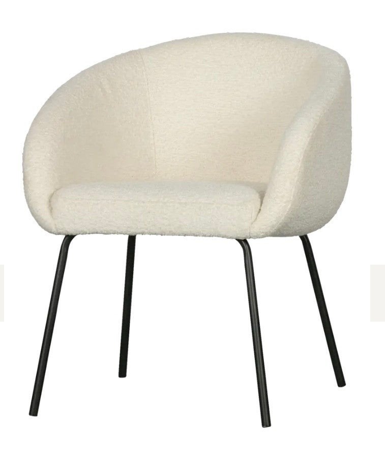 6 Woood eetkamerstoelen Noelle off white bouclé stof, Ophalen, Overige materialen, Gebruikt, Wit