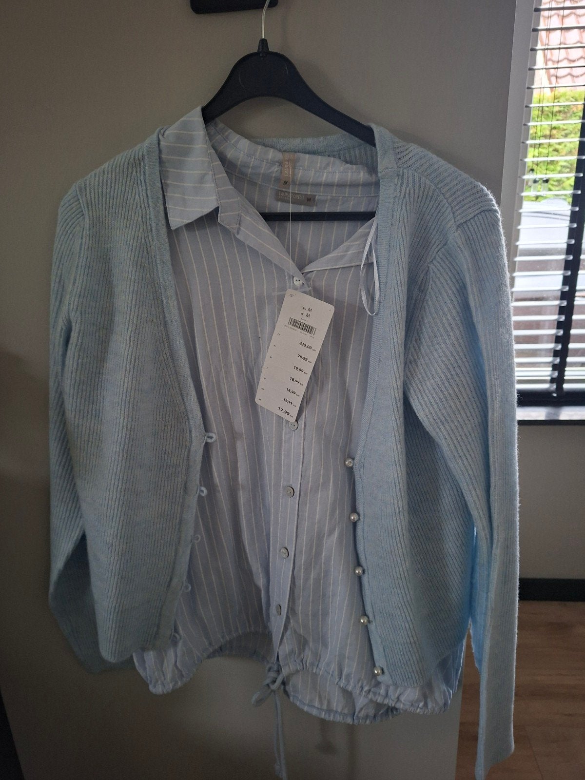 Lichtblauwe set: gestreept overhemd en vest, Maat 38/40 (M), Blauw, Ophalen of Verzenden, Zo goed als nieuw