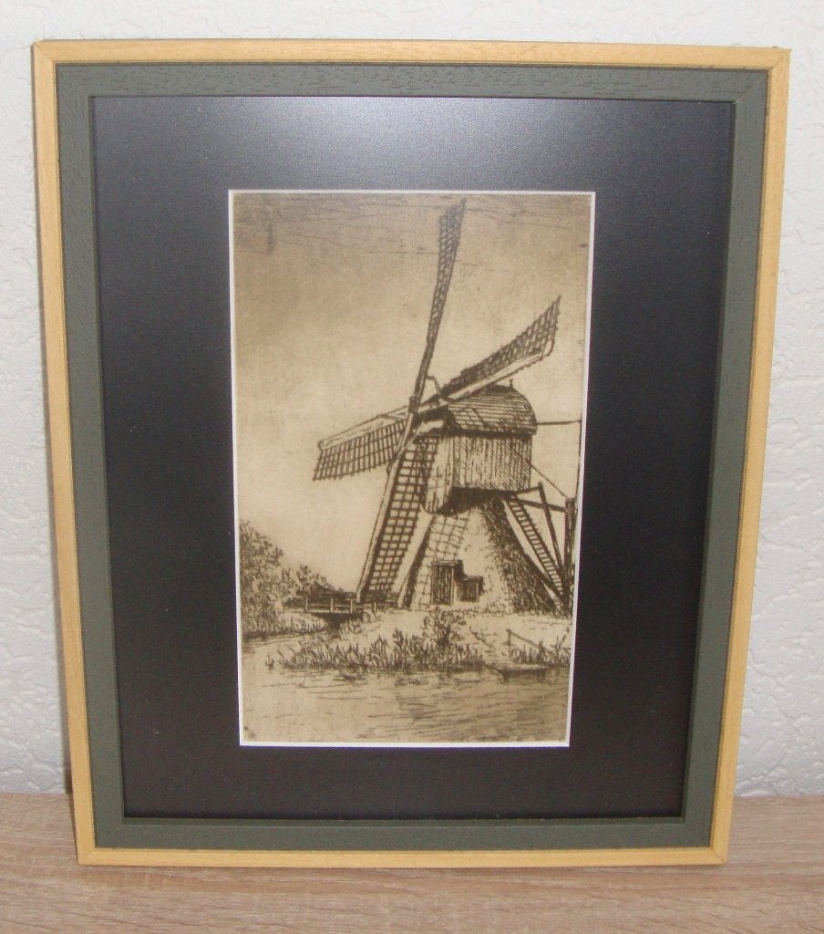 Molen aan het water - Ets in lijst, Antiek en Kunst, Ingelijst, Ophalen of Verzenden, 33 cm, Landschap