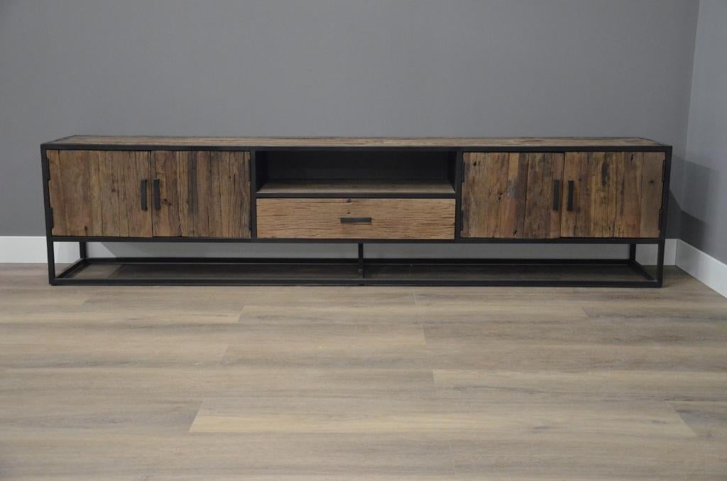 Tv meubel ijzer oud teak 240 cm, Verzenden, Nieuw, Hout