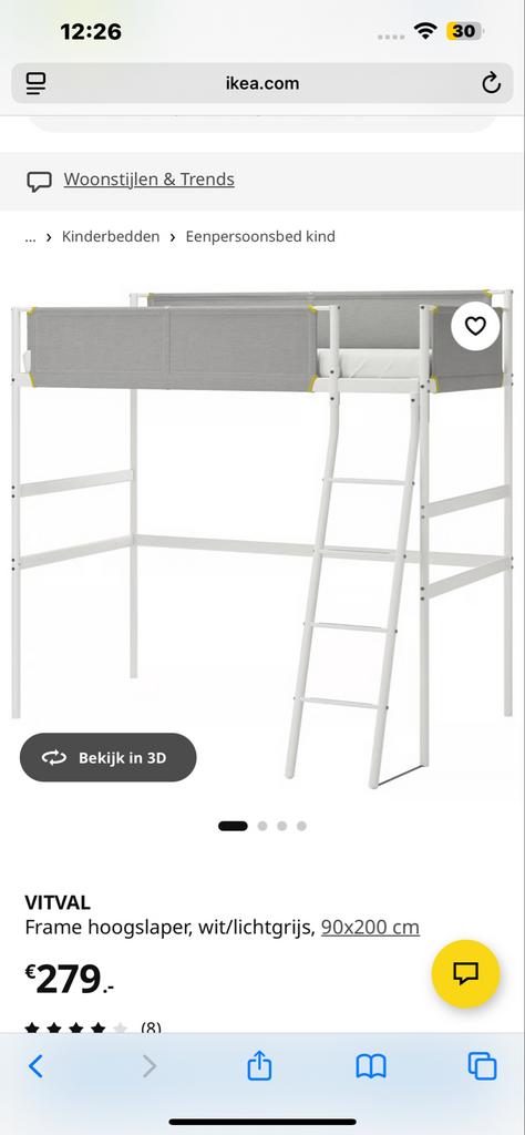 IKEA VITVAL Hoogslaper Wit/Lichtgrijs 90x200 cm, Eenpersoons, Ophalen of Verzenden, Zo goed als nieuw, 200 cm