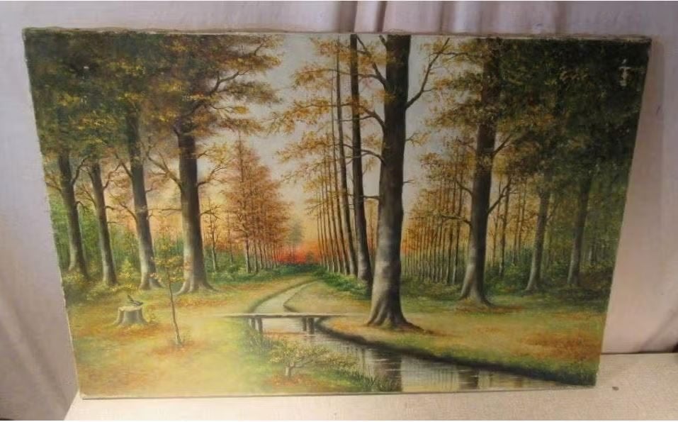 Mooi Oud Geschilderd Werk 'Beek en Bos' - H Arren, Doek, Ophalen of Verzenden, Landschap, Olieverf