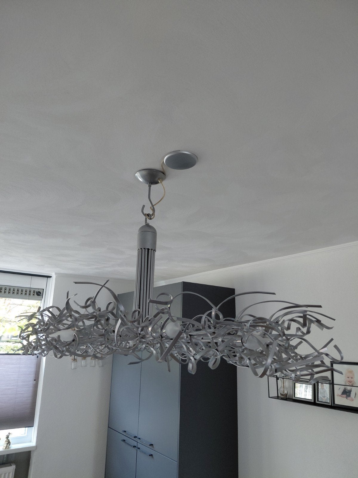 Grote zilverkleurige stalen hanglamp met kristallen, Ophalen, Gebruikt, Glas