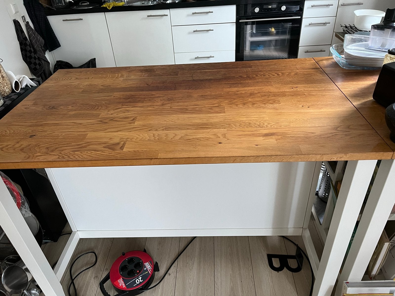 Keukeneiland met eikenhouten blad en barkrukken, Ophalen, Gebruikt, 100 tot 150 cm, Eikenhout