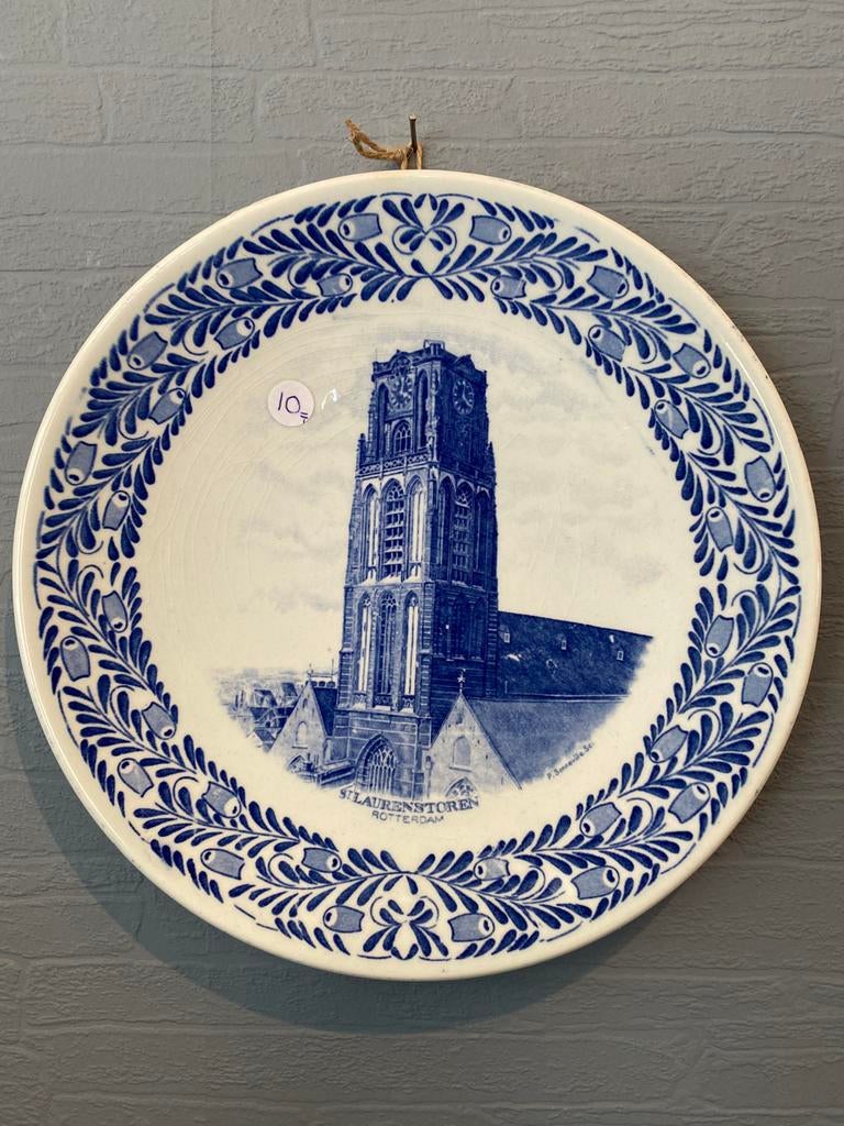 Antiek Bordje Laurenstoren Rotterdam, Blauw, Petrus Regout, Antiek en Kunst, Ophalen