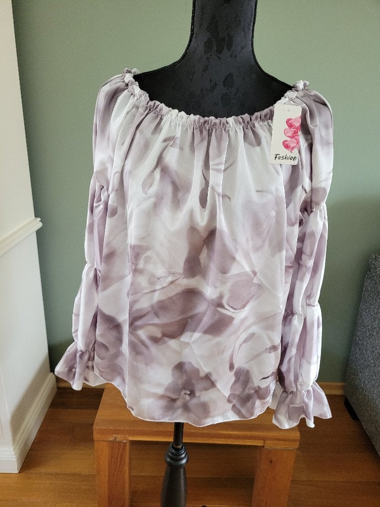 FASHION grijze bloemen top pofmouwen off shoulder mt m Nieuw, Maat 38/40 (M), Fashion, Nieuw, Ophalen of Verzenden