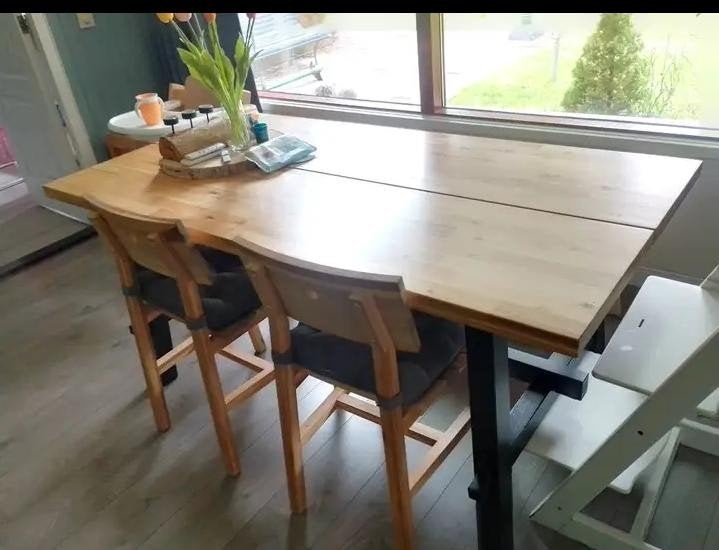 Houten eettafel met 2 stoelen en bankje, Ophalen, Gebruikt, 50 tot 100 cm, 150 tot 200 cm