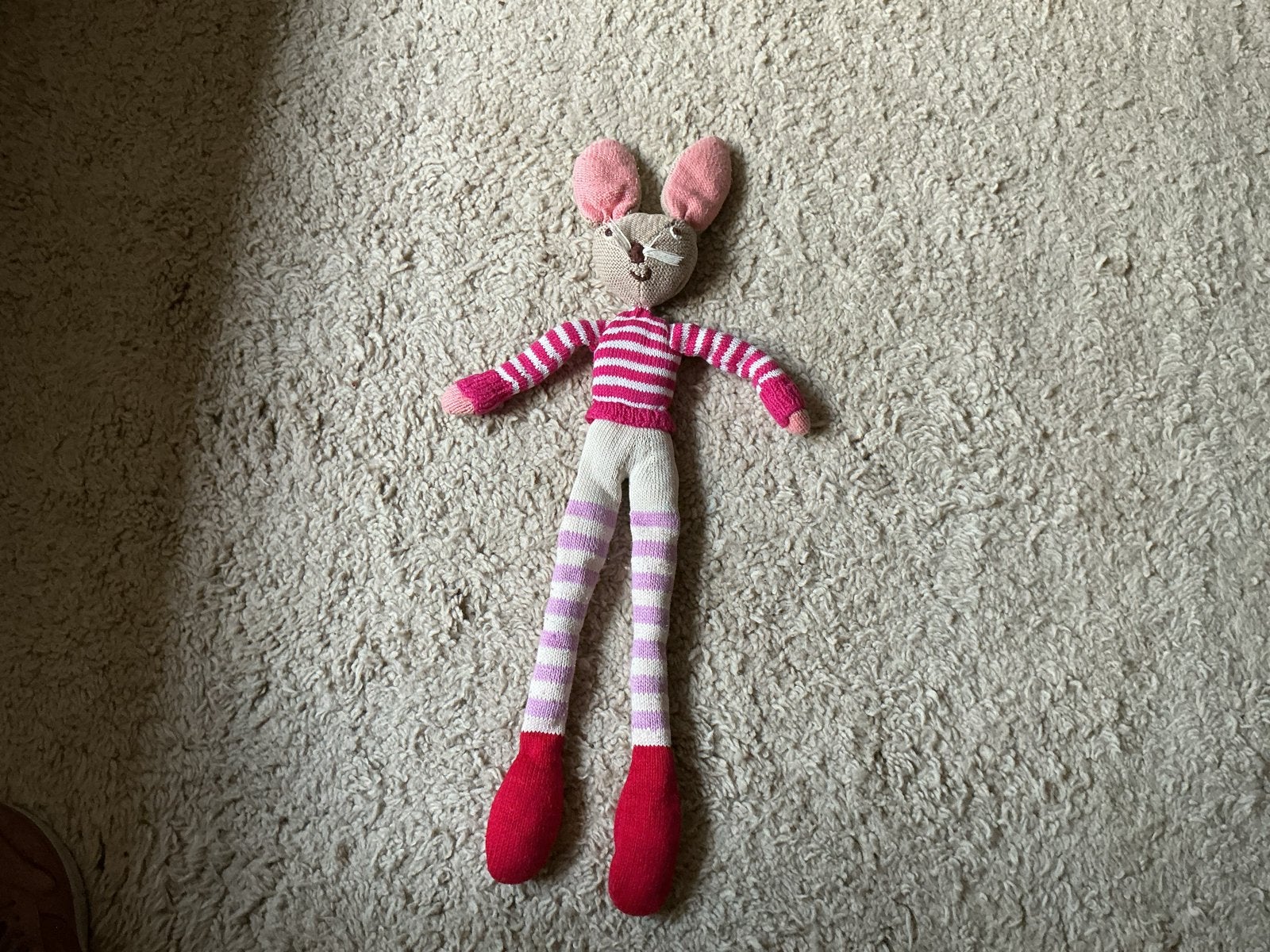 Schattige gebreide muis knuffel - roze/wit gestreept, Muis, Gebruikt, Ophalen of Verzenden, Middelgroot (20 tot 80 cm)