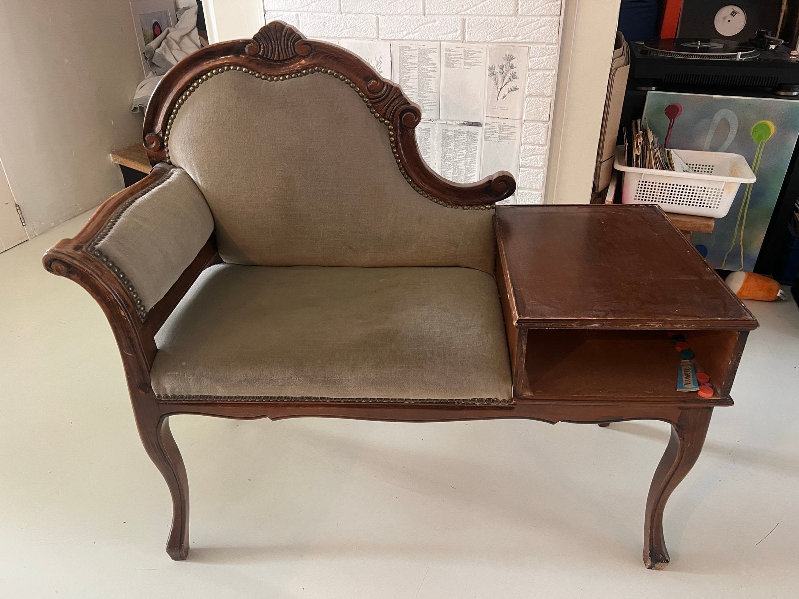 tiek stijl telefoonbankje met tafeltje – vintage halbank, Ophalen of Verzenden
