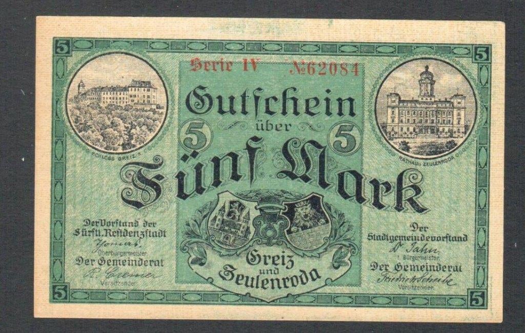 Noodgeld - Zeulenroda 5 Mark - 1918., Postzegels en Munten, Bankbiljetten | Europa | Niet-Eurobiljetten, Ophalen of Verzenden