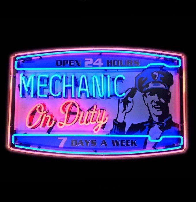 Grote mechanic on duty neon garage showroom mancave reclame, Ophalen, Zo goed als nieuw, Lichtbak of (neon) lamp