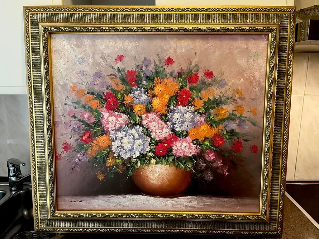 Prachtige groot olieverf bloemen schilderij, Antiek en Kunst, Kunst | Schilderijen | Klassiek, Ophalen of Verzenden