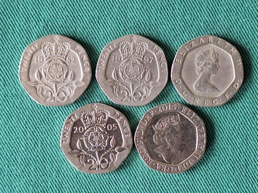 5 munten Engeland 20 pence 1982-2015, Postzegels en Munten, Munten | Europa | Niet-Euromunten, Ophalen of Verzenden, Overige landen