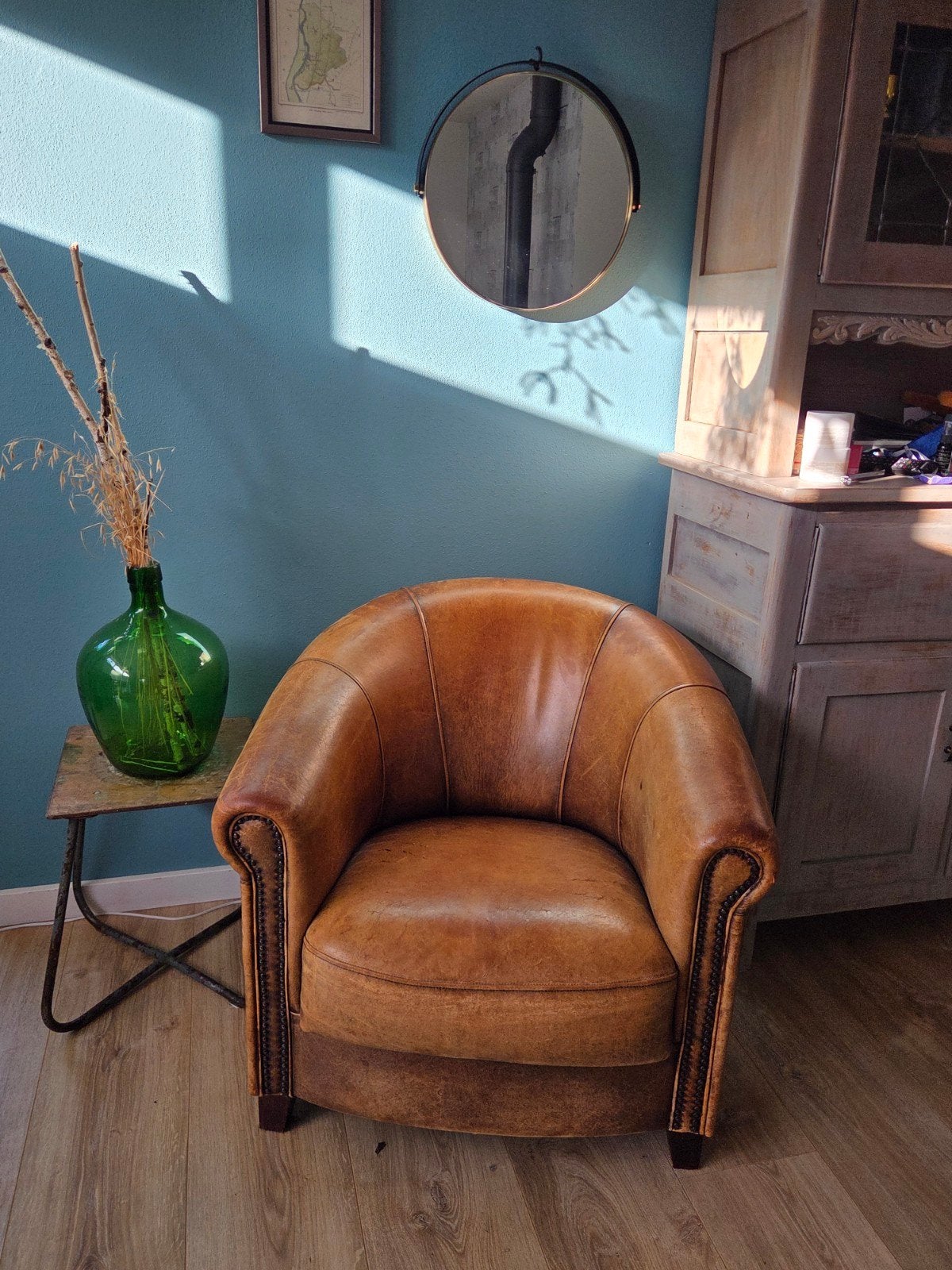 SchapenLeren fauteuil cognac kleur - Vintage stijl, Huis en Inrichting, Gebruikt, Bruin, Ophalen of Verzenden, Eén