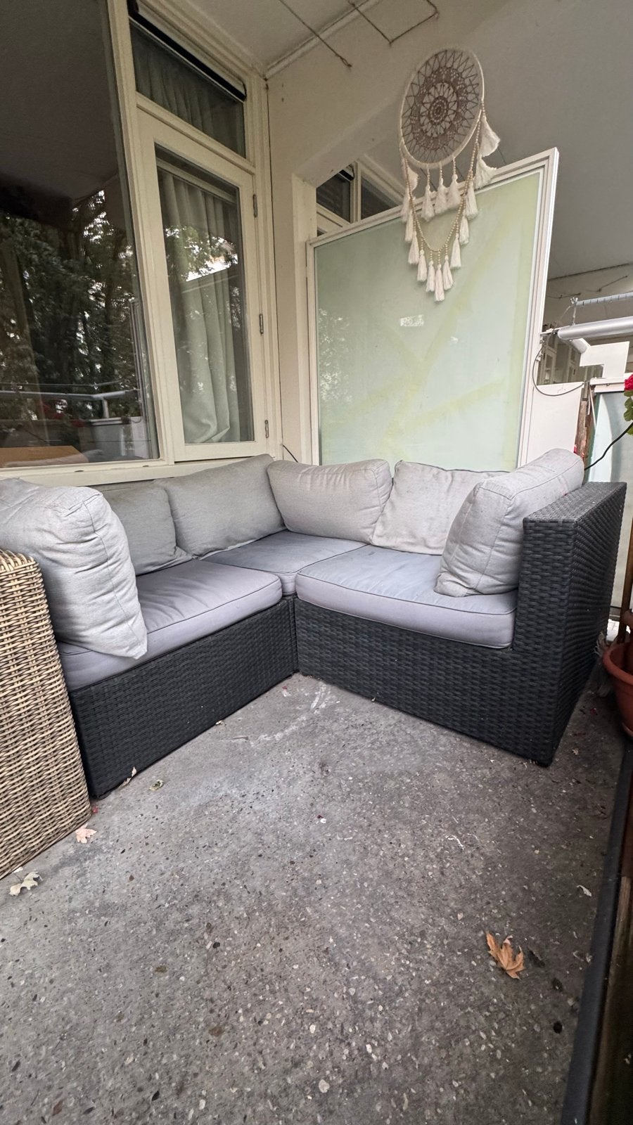 Donkerbruine hoekbank voor terras/tuin, incl. kussens, Ophalen, Gebruikt, 3 zitplaatsen, Loungeset